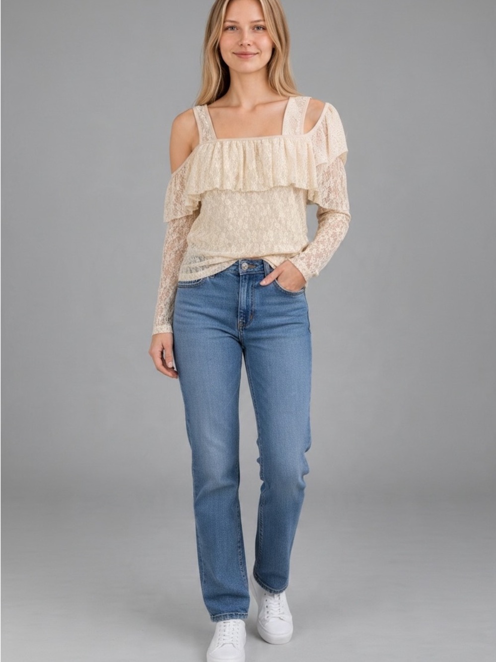 easel Cream Lace Cold Shoulder Ruffle Blouse